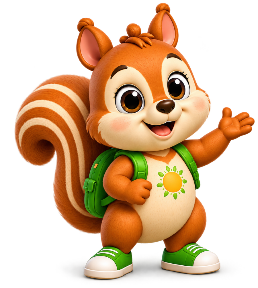 The Raamam squirrel mascot waving in a green playground